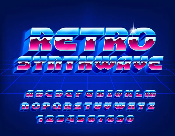 Fonte Alfabeto Retro Synthwave Letras Números Símbolos Estilo Dos Anos —  Vetores de Stock