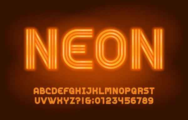 Neon Alphabet Font Yellow Neon Light Letters Numbers 70S Style — Stock Vector