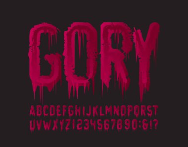 Gory alfabesi yazı tipi. Kan grunge harfleri ve sayılar. Cadılar Bayramı tipografiniz için elle çizilmiş vektör tipografisi.