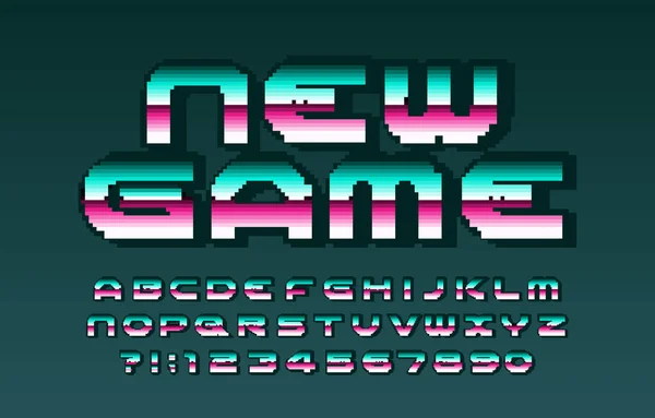 新しいゲームアルファベットフォント ピクセル文字 ピクセルグラデーションの背景 80年代のアーケードゲームタイプスクリプト — ストックベクタ