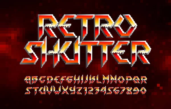 Retro Shutter Alfabet Lettertype Pixelletters Cijfers Symbolen Digitale Achtergrond 80S — Stockvector