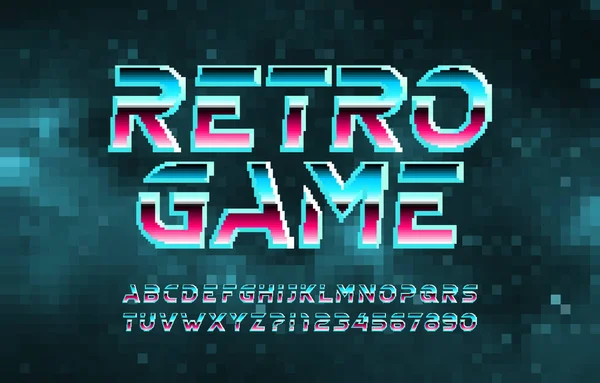 Retro Game Alfabet Lettertype Pixelletters Cijfers Symbolen Digitale Achtergrond 80S — Stockvector