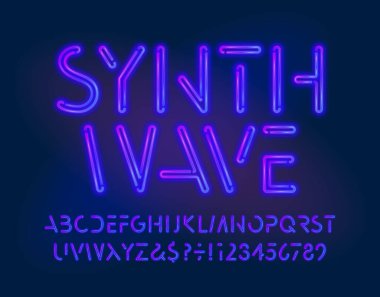 Synthwave alfabe yazı tipi. Neon harfler, sayılar ve semboller. Tipografi tasarımınız için gelecekçi vektör yazı tipi.