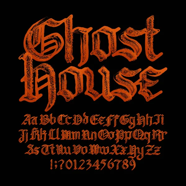Ghost House Ábécé Betűtípus Nagybetűs Kisbetűs Gótikus Betűk Számok Kézzel — Stock Vector