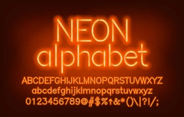 Fuente Neon Alphabet Amarillo Neón Luz Mayúsculas Minúsculas Letras Números — Archivo Imágenes Vectoriales