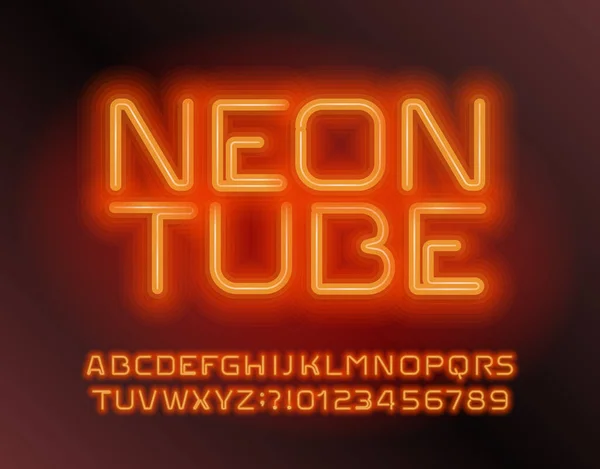 Fonte Alfabeto Neon Tube Letras Números Luz Néon Laranja Tipo —  Vetores de Stock