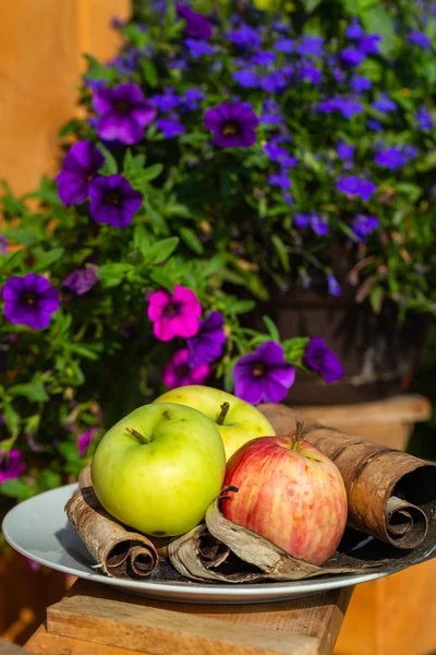 Plate Fresh Ripe Red Green Apples Flowering Background — Stock Photo, Image