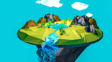 Düşük poli çöl manzara. Havadaki bir vaha. 3D render