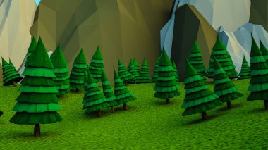 düşük poligon Noel ağaçlar ve dağlar. Manzara. Bilgisayar grafikleri. 3D render