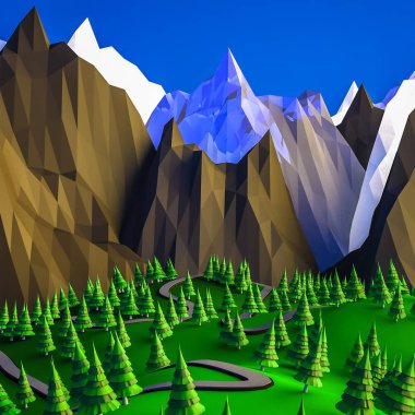 Düşük poli çöl manzara. dağlar arka plan üzerinde yedi. 3D render