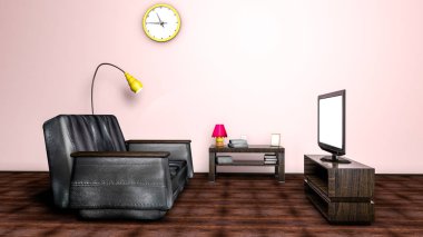 Oda Tv. 3d render bir kanepe ile iç