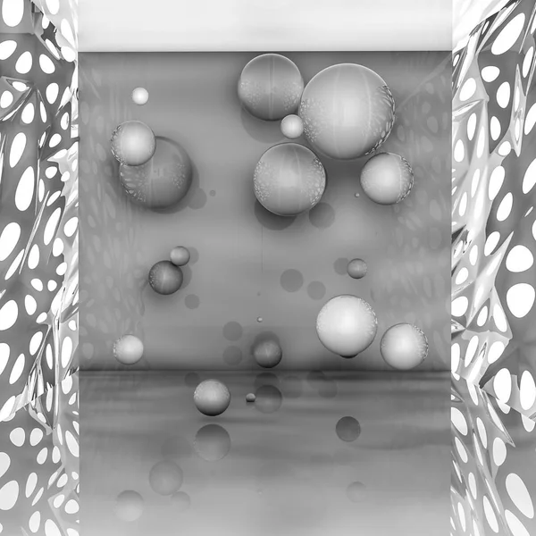 Abstract gray background with three-dimensional spheres. 3D rendering