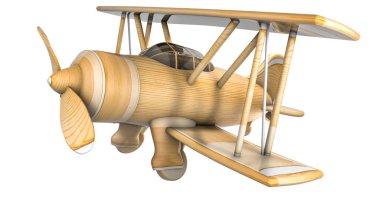 beyaz bir arka plan üzerinde oyuncak ahşap uçak. Çift kanatlı modeli. 3D render