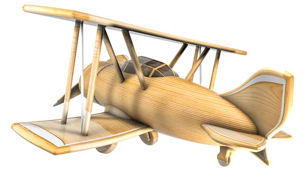 Aeroplano Giocattolo Legno Sfondo Bianco Modello Biplano Rendering — Foto Stock