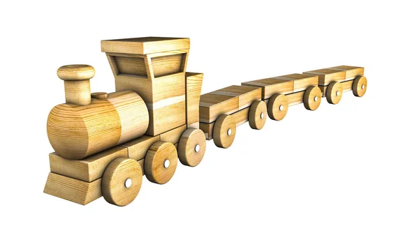 Houten Trein Met Wagons Kinder Speelgoed Illustratie Witte Achtergrond Rendering — Stockfoto