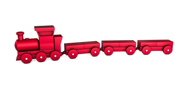 红色塑料火车与货车 儿童玩具 在白色背景上的插图 — 图库照片