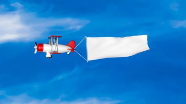 oyuncak çift kanatlı bir beyaz boş afiş mavi gökyüzünde. 3D render
