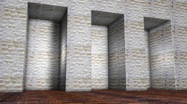 üç taş nişler duvarında. 3D render