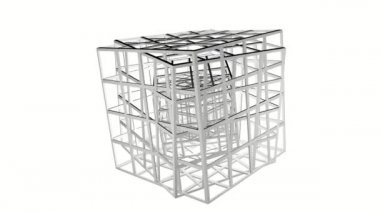 Beyaz üç boyutlu küpler birbirine göre döndürün. 3D render