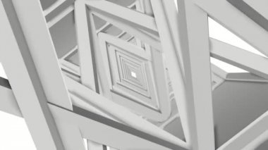 Kamera üç boyutlu bir tünelde gri piramitler taşır. 3D render