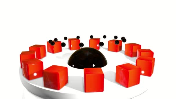 Red Cubes Black Spheres Rotate White Pedestal Rendering — Stock Video