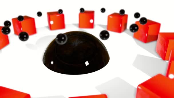 Los Cubos Rojos Las Esferas Negras Giran Sobre Pedestal Blanco — Vídeo de stock