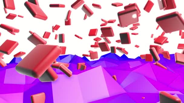 Red Cubes Chamfers Fly Low Poly Plane Rendering — Stock Video