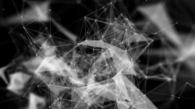 Beyaz bağlantı parçacıklar yavaş yavaş siyah bir arka plan üzerinde hareket ettirin. arka plan. 3D işleme alan derinliği ve bulanıklık