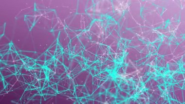 Turkuaz parçacıklar yavaş yavaş mor bir arka plan üzerinde hareket ettirin. arka plan. 3D işleme alan derinliği ve bulanıklık