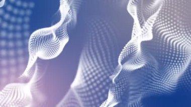 Beyaz üç boyutlu yuvarlak parçacıkları yavaş yavaş açık mavi arka planı üzerinde uçmak. 3D render. alan bulanıklık derinliği