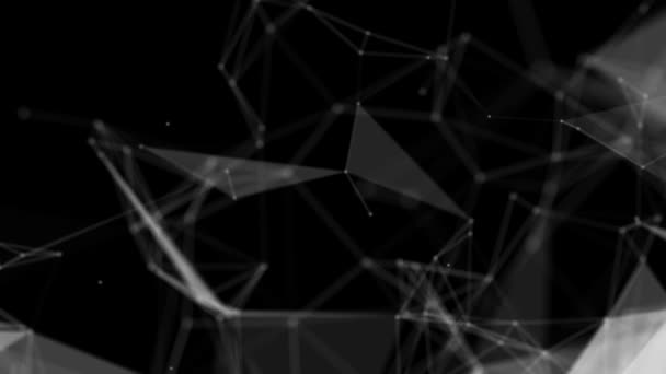 白色连接粒子在黑色背景上缓慢移动 抽象的背景 渲染景深和模糊 — 图库视频影像