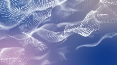 Beyaz üç boyutlu yuvarlak parçacıkları yavaş yavaş açık mavi arka planı üzerinde uçmak. 3D render. alan bulanıklık derinliği