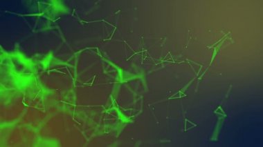 yeşil üçgenler ve parçacıklar yavaş hareket edin. arka plan 3d render. alan bulanıklık derinliği