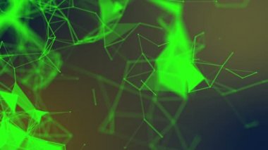 yeşil üçgenler ve parçacıklar yavaş hareket edin. arka plan 3d render. alan bulanıklık derinliği