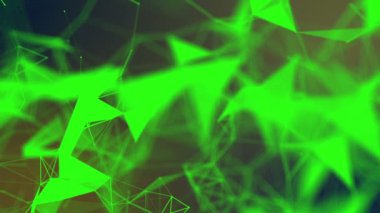 yeşil üçgenler ve parçacıklar yavaş hareket edin. arka plan 3d render. alan bulanıklık derinliği