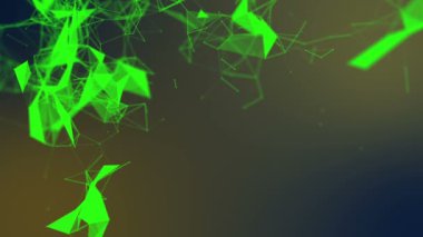 yeşil üçgenler ve parçacıklar yavaş hareket edin. arka plan 3d render. alan bulanıklık derinliği