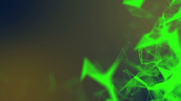 les triangles verts et les particules se déplacent lentement. fond abstrait rendu 3d. profondeur du flou de champ 