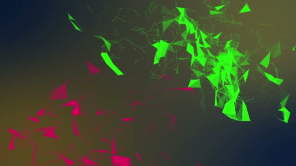 les triangles et particules verts et rouges se déplacent lentement. fond abstrait rendu 3d. profondeur du flou de champ 