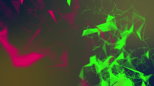 les triangles et particules verts et rouges se déplacent lentement. fond abstrait rendu 3d. profondeur du flou de champ 