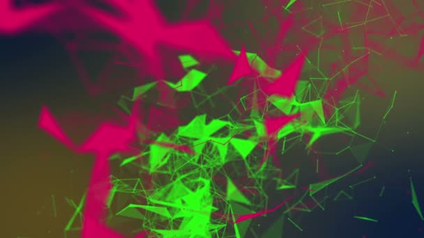 les triangles et particules verts et rouges se déplacent lentement. fond abstrait rendu 3d. profondeur du flou de champ 