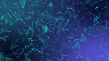 Turkuaz üçgen parçacıklar yavaş yavaş mor bir arka plan üzerinde hareket ettirin. Arka plan bulanıklık ve alan derinliği ile. 3D render