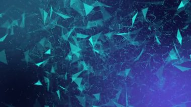 Turkuaz üçgen parçacıklar yavaş yavaş mor bir arka plan üzerinde hareket ettirin. Arka plan bulanıklık ve alan derinliği ile. 3D render