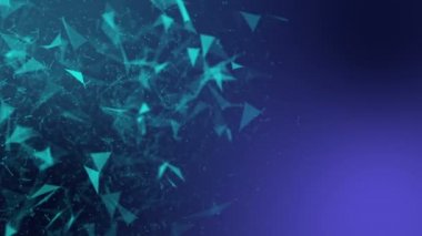 Turkuaz üçgen parçacıklar yavaş yavaş mor bir arka plan üzerinde hareket ettirin. Arka plan bulanıklık ve alan derinliği ile. 3D render