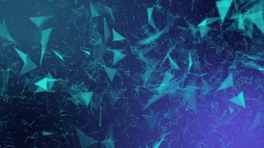 Turkuaz üçgen parçacıklar yavaş yavaş mor bir arka plan üzerinde hareket ettirin. Arka plan bulanıklık ve alan derinliği ile. 3D render