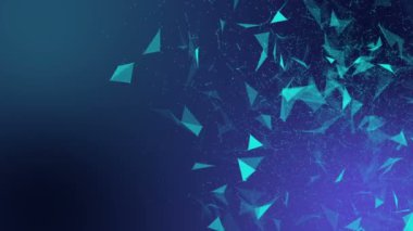 Turkuaz üçgen parçacıklar yavaş yavaş mor bir arka plan üzerinde hareket ettirin. Arka plan bulanıklık ve alan derinliği ile. 3D render
