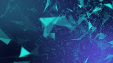 Turkuaz üçgen parçacıklar yavaş yavaş mor bir arka plan üzerinde hareket ettirin. Arka plan bulanıklık ve alan derinliği ile. 3D render