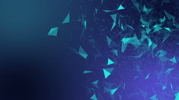 Les particules triangulaires turquoises se déplacent lentement sur un fond violet. Fond abstrait avec flou et profondeur de champ. rendu 3D 