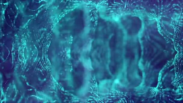 particules bleues se déplacent lentement sur un fond sombre. Rendement 3D. fond flou abstrait avec profondeur de champ 