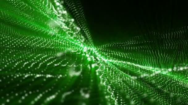 在黑色背景上缓慢移动带有绿色光线的白色粒子 抽象的背景 — 图库视频影像