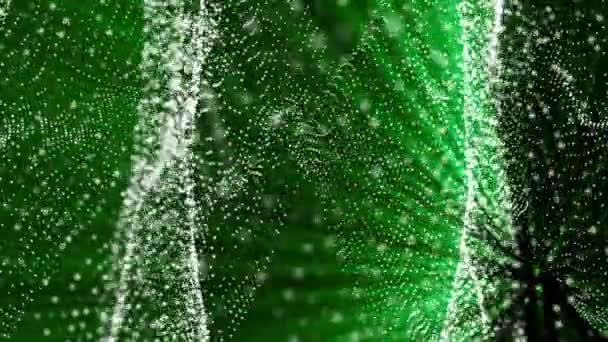 Langzaam Bewegende Witte Deeltjes Met Groene Stralen Een Zwarte Achtergrond — Stockvideo